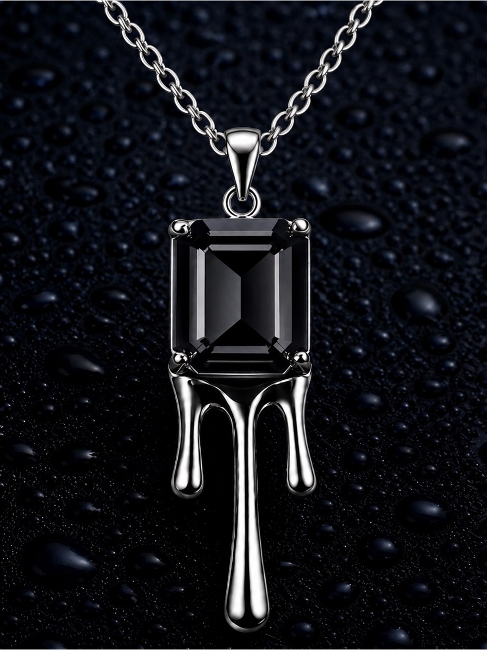 “Dripping Baguette” Gray Spinel Liquid Metal Lava Droplet Vampire Edgy Necklace